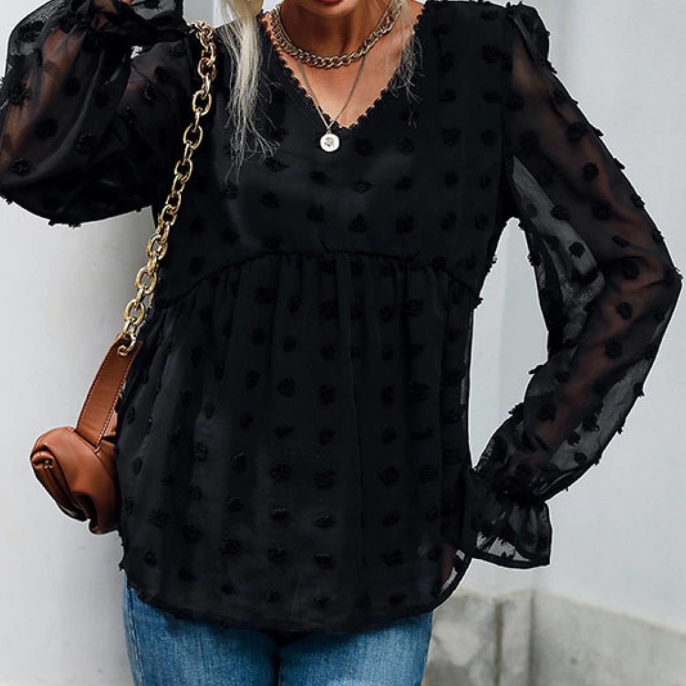 Black Swiss Dot Peplum Blouse - Picture 3 of 3